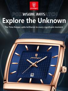 POEDAGAR 1pc Men's Casual Stainless Steel Date Display Wrist Watch, Mesh Strap, Rectangular Dial, Waterproof Luminous, Quartz Business Watch For Daily Wear, Perfect Gift - Blue - View 9