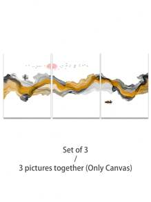 Juego de 3 piezas, con/sin marco, pintura impresa de alta calidad, estilo moderno, paisaje chino, elementos de tinta, líneas abstractas, amanecer y atardecer, pájaros, barcos, el sol, montañas, póster artístico, decoración de hogar, pintura decorativa, adecuado para sala de estar, sofá, cama, pasillo, dormitorio, baño, oficina, regalo artístico perfecto