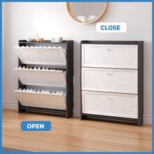 Marble-Finish Shoe Storage Cabinet, Shoe Rack With 3 Flip Drawers, Shoe Rack For Entrance/Front Door Entrance, Freestanding Modern Household Shoe Storage Cabinet Furniture, Bedroom, Dressing Room, White, Silver Metal Handles - Black - View 5