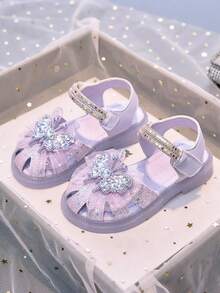 1 Pair Girls' Closed Toe Sandals With Bow & Rhinestone, Shiny Versatile Princess Shoes For Everyday Wear - Purple - View 1