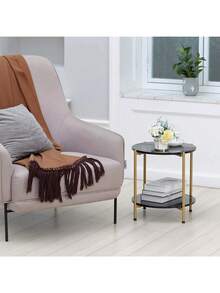 Mesa auxiliar redonda con diseño de mármol, mesa auxiliar moderna y sencilla junto al sofá, soporte de almacenamiento de 2 niveles - Negro - Ver 6