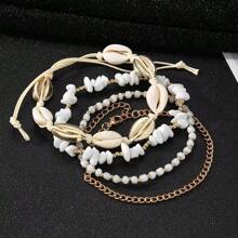 Set de tobillera de cadena con piedras trituradas de verano para mujer, pulsera para el tobillo con dije de concha estilo bohemio, joyería hecha a mano de color dorado con cuentas y lentejuelas, accesorio de playa para pies descalzos