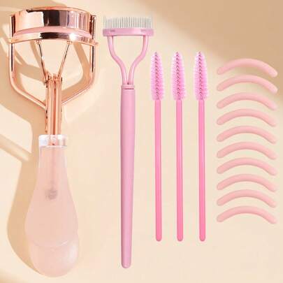 Bộ 15 dụng cụ uốn mi màu vàng hồng trong suốt, cán màu hồng, kèm cọ và miếng đệm thay thế, bộ dụng cụ trang điểm mi đa năng, giải pháp chăm sóc mi toàn diện cho gia đình và chuyên nghiệp, tiện lợi khi đi du lịch, dụng cụ trang điểm giá cả phải chăng, quà tặng cho nữ, quà tặng ngày Valentine, quà khuyến mãi, đồ dùng du lịch giá rẻ, vật dụng cần thiết khi đi du lịch.