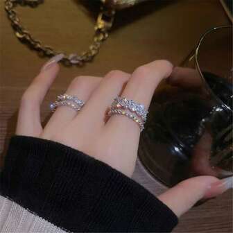 VKHK 2pcs/Set Luxurious Double-Layer Cubic Zirconia Adjustable Rings, Suitable For Women Wedding & Gift