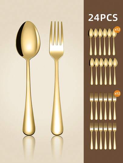 2/8/12/24pcs Stainless Steel Dessert Fork And Spoon Set, Suitable For Home Kitchen, Restaurant, Wedding Party, Salad/Appetizer/Dessert Forks And Coffee/Tea/Dessert/Cake/Stirring/Fruit/Ice Cream Spoons - Dishwasher Friendly, Stainless Steel Flatware, Gold Cutlery,School Supplies