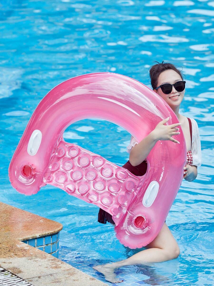 1pc U-Shaped Inflatable Water Sofa Lounger With Backrest, Solid Color Minimalist Design With Handles, 2 Cup Holders, Floating Chair For Swimming Pool, Summer Party, Poolside