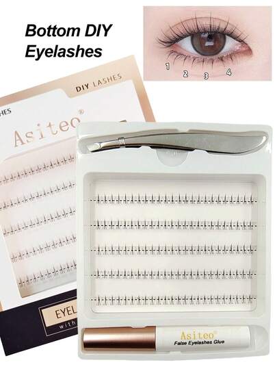 Asiteo 下睫毛、睫毛簇、胶水和镊子套装、120 簇纤细柔软自然造型簇睫毛、家用假睫毛、DIY 睫毛延长工具，女士下睫毛睫毛簇套装、睫毛、睫毛、假睫毛