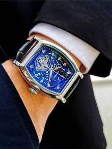 1pc Fashion Business Skeleton Mechanical Watch For Men Iced Out Dial Luminous Hands Leather Strap Casual Tourbillon Automatic Men Watches Top Brand Luxury Gifts - Black - View 5