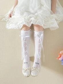 1 Pair Girls Knee-High Socks With Ribbon Hollow Out Breathable Casual Vacation University Style Party Wear