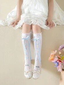 1 Pair Girls Knee-High Socks With Ribbon Hollow Out Breathable Casual Vacation University Style Party Wear