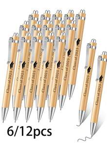 12pcs/Set 2025 Graduation Gift Neutral Pens, Includes 6pcs Or 12pcs Bamboo Push-Type Ballpoint Pens, Wholesale Graduation Pens, Suitable For Graduation Party Gifts, Perfect For Excellent Graduating Students, Graduation Celebration, Graduation Decorations, Graduation Gifts Wholesale, Back To School Gifts - Multicolor - View 2