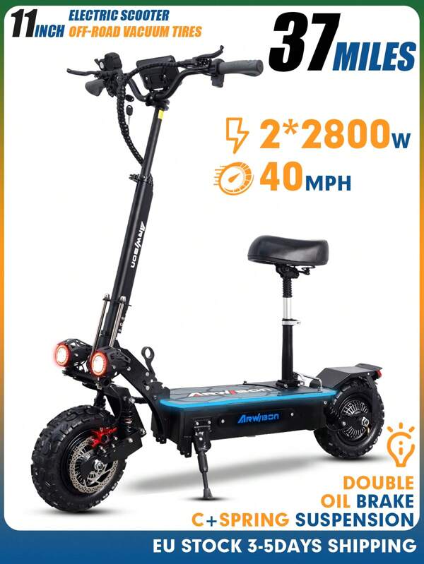 Mankeel 60V2800W Dual Motor Elektroroller mit 60V27Ah Akku, Bis 40mph, 31-37 Meilen Reichweite, 11 Zoll Offroad-Reifen, Doppelte Ölbremsen, Federstoßdämpfer, LED-Lichtsystem, 3-Gang-Getriebe