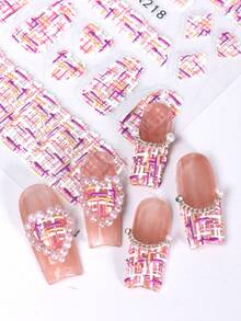 1张5D优雅格子美甲贴纸，美甲装饰贴纸，蓝、黑、白、粉、紫格子图案设计贴纸，韩式美甲贴纸，DIY美甲沙龙配件