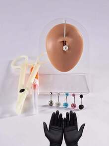 6pcs Belly Button Piercing Tool Kit, Including Round Mouth Piercing Locating Plier, One-Time 14G Piercing Needle, One-Time 14G Outer Diameter Drawing Needle,  Black Glove And 2 Navel Piercing Rings, Suitable For Beauty Personal Use - Multicolor - View 3