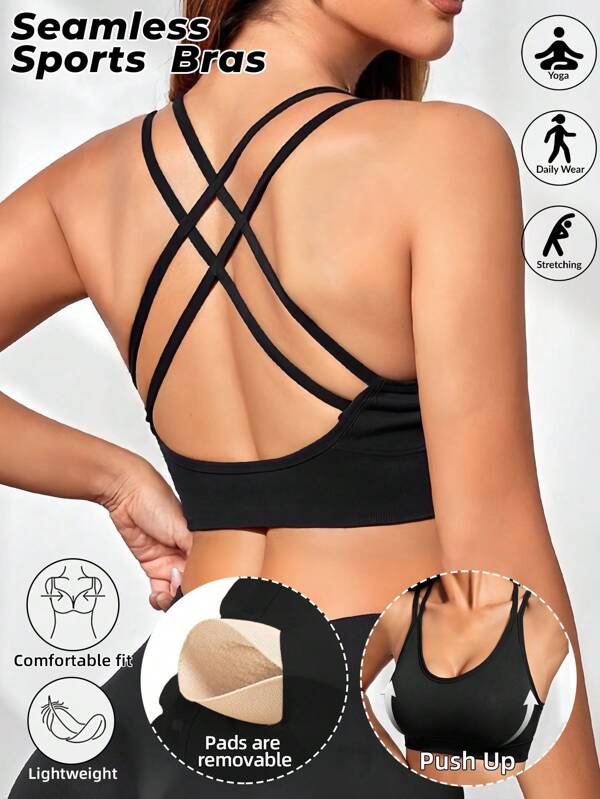 Seamless Sports Yoga Bras For Women Push Up Gym Top Underwear Criss Cross Back Workout Bralette Backless Halter Strappy Sports Top Bra Removable Padded Gym Workout Minimal Yoga Tops Ribbed Knitting Lingerie