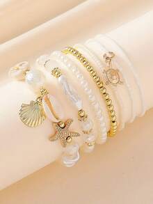 Bộ 7 vòng tay nhiều lớp đính hạt ngọc trai và sao biển, thiết kế xếp chồng theo phong cách Bohemian, phù hợp cho nữ, trang phục thường ngày khi đi biển - Sao biển vỏ sò - Xem 3