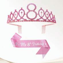 2pcs/Set 4th 5th 6th 7th 8th 9th 10th 12th 13t 16th Birthday Gift Party Favor Rhinestone Crown Jewelry Peony Ribbon Number Etiquette Rose Flower Shoulder Strap Onion Powder Cloth Belt Holiday Dress Up Set Fashion Number Delicate Crown Tiara Hair Accessories It's My Birthday For Pink