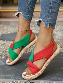 女士夏季弹力交叉凉鞋，红色纹理平底休闲鞋，度假海滩户外一脚蹬 - 彩色 - 查看 6