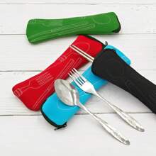 1 pieza Bolsa de almacenamiento para juego de cubiertos de acero inoxidable multicolor | Estuche reutilizable para transportar - 24 cm, para trabajo, escuela y viajes al aire libre, sin incluir tenedor, cuchara, cuchillo, accesorios de picnic