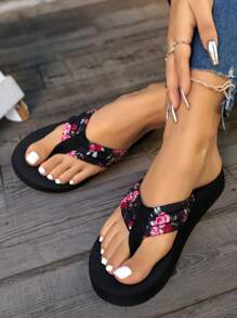 Women's Floral Print Flip Flops - Lightweight Black EVA Sole Slippers With Pink And White Flower Pattern, Casual Summer Beach Shoes, Comfortable Open Toe Sandals, Cushioned Comfort