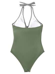 1 bộ đồ bơi liền thân in hình lá đơn giản dành cho nữ, trang phục đi biển thường ngày - Xanh quân đội - Xem 3