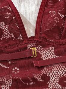 Women's Burgundy V-Neck,Lace Splicing,Backless And Sheer Mesh,Bow Decoration,Lace Up,Teddy Sexy Bodysuit ﻿