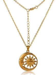 1pc Retro Gold Sun Pendant Necklace, Creative Sun & Moon Combined Necklace - Multicolor - View 11