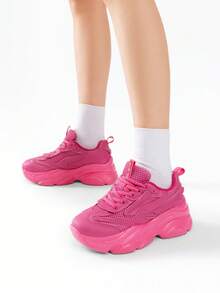 Women's Platform Chunky Fashion Sneakers Walking Lace-Up Comfortable Dad Sneakers Workout Sport Work Casual Tennis Shoes - 玫紅色 - 查看 3