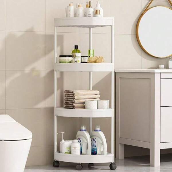 Scaffale di stoccaggio a 3/4/5 ripiani con ruote, carrello angolare mobile per bagno, mensole per armadietto d'angolo da bagno, carrello portaoggetti su ruote