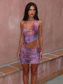 Sexy Cropped Sleeveless Printed Bodycon Strap Split Mini Dress For Women, European & American Style