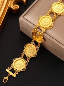 1 pieza Pulsera de mujer de cadena con moneda circular, ambiente festivo y elegante, adecuado para uso diario, fiesta y eventos