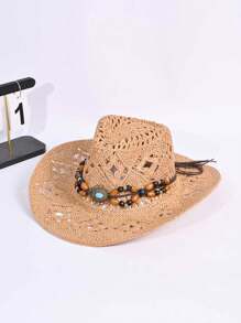 1 buc. Pălărie Panama din paie țesută manual pentru femei, pălărie de soare în stil cowboy cu bor larg, ideală pentru ținute casual, activități în aer liber, vacanță și camping