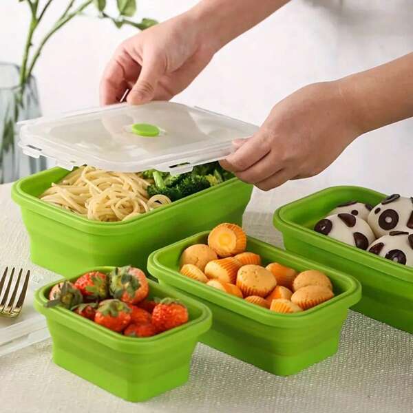 Foldable Silicone Bento Box, Portable Lunch Box, Microwave Friendly Plastic Square Food Container, Refrigerator Storage Box,School Supplies