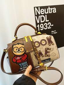 Vintage Bear Print Multi-Functional Boston Handbag, Large Capacity Shoulder Tote Bag - Brown - View 1