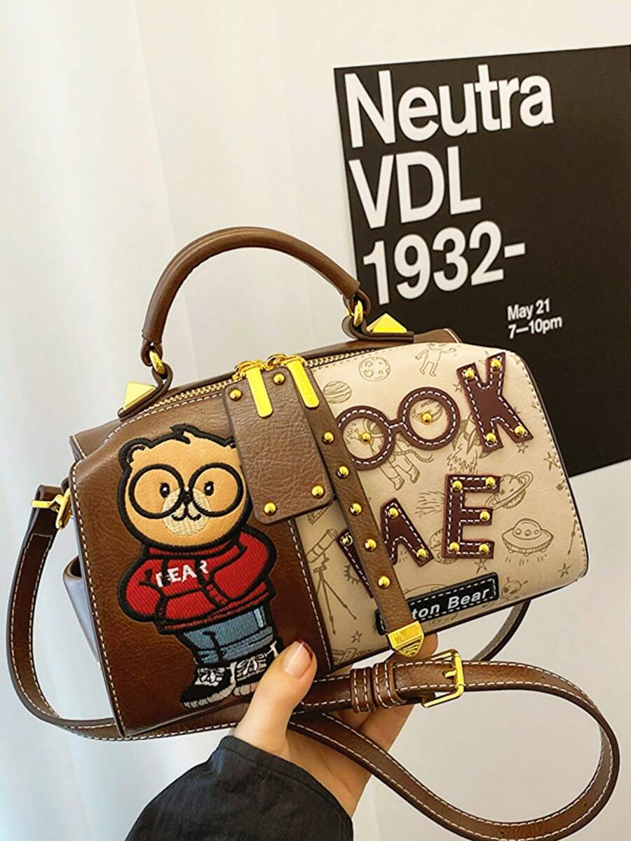 Vintage Bear Print Multi-Functional Boston Handbag, Large Capacity Shoulder Tote Bag - Brown - View 1