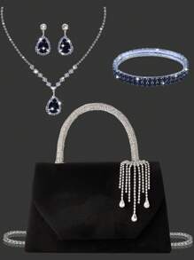 Bolso de mano con colgante de brillantes, elegante bolso de mano con brillantes para novia y fiesta, exquisito y elegante bolso para fiestas y reuniones de mujeres, con un set de 3 piezas de joyería con colgante de brillantes: collar, aretes y pulsera. Adecuado para fiestas, bodas, cenas, reuniones y bailes.