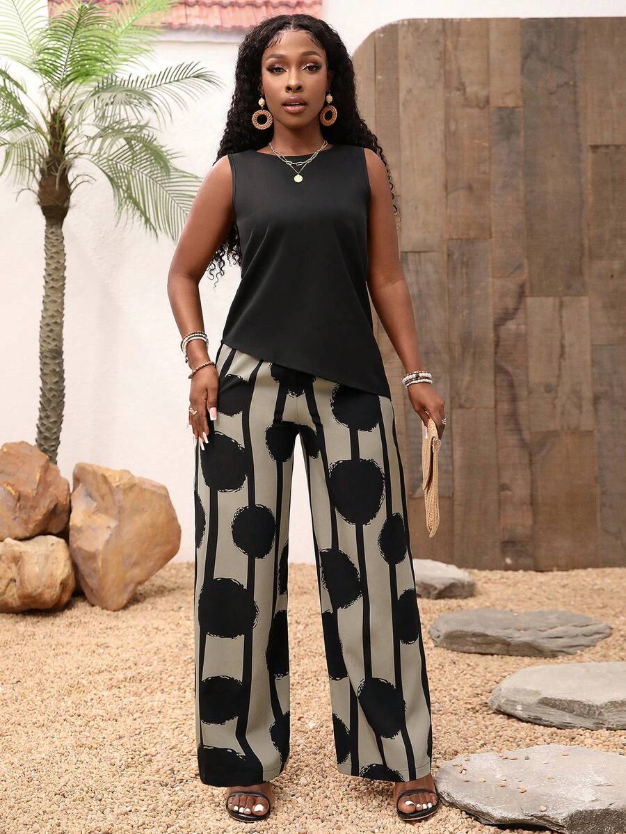 Set de 2 piezas: Top asimétrico sin mangas de unicolor y pantalones largos con estampado floral