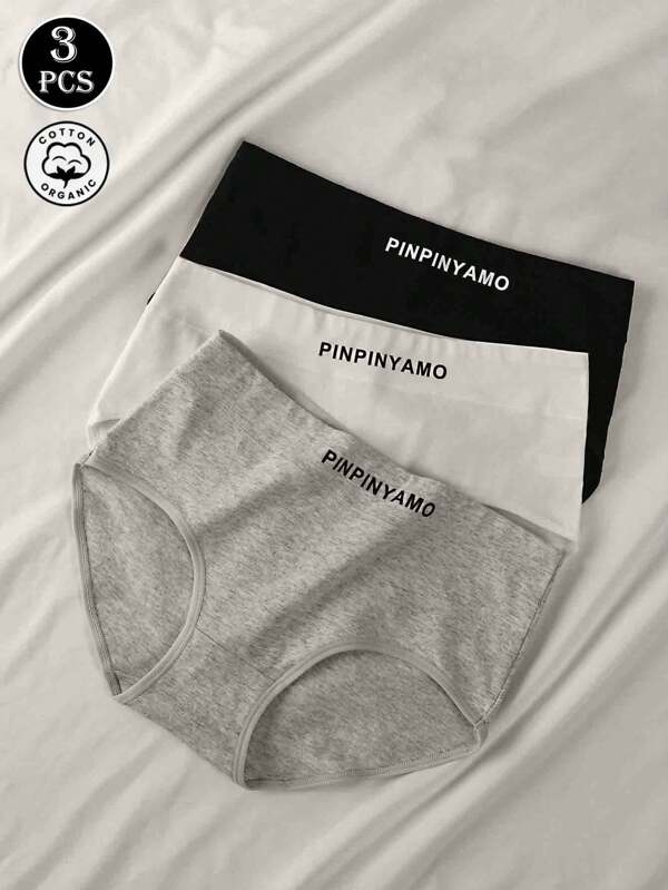 3 Peças de Roupa Íntima Feminina Confortável e Respirável, Estilos com Letras e Cores Sólidas, Controle da Barriga e Levantamento do Bumbum
