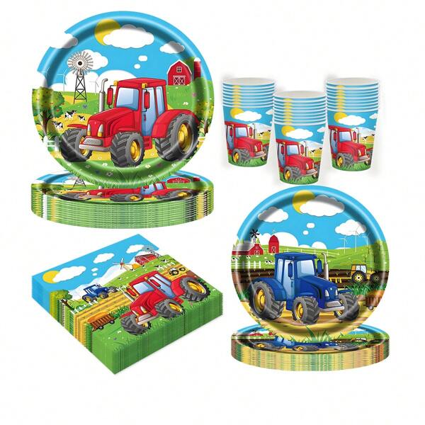 20pcs Tractor Paper Plates Napkins Cups, Disposable Plates, Farm Party Supplies Kit Cake Dessert Plates, Tableware Dinnerware Set Supplies Serving Dish Tray For Birthdays Baby Showers Daily Meals Dinner Holiday Picnic Serves 24 Guests, Green