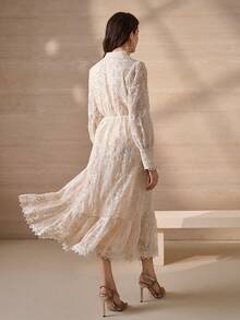 Elegant Stand Collar Button Decor Lantern Sleeve A-Line Dress