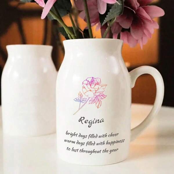 1 Stück personalisierte weiße Keramikvase mit Griff - angepasster Name/Text und Bildauswahl, Muttertags-, Freundschafts- oder Paargeschenk, perfekt als Wohn- und Bürodekoration, Übertopf für Zimmerpflanzen und Blumen