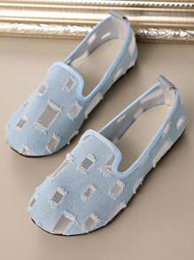 Sapatos Casuais de Denim de Cor Sólida para Mulheres, Sapatos Respiráveis e Antiderrapantes de Bico Redondo, Sapatos Planos Clássicos Vazados para Mulheres, Sapatos Casuais de Cano Baixo com Capuz de Cor Sólida, Sapatos Confortáveis para Mulheres, Sapatos para Uso Externo