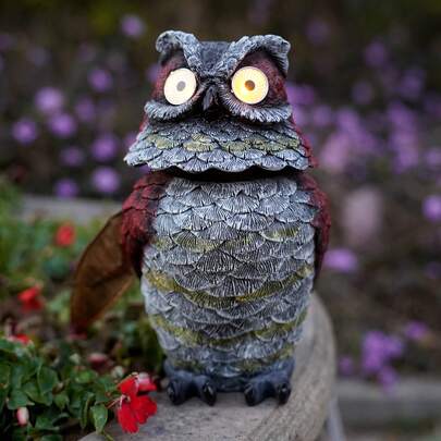 Solar-Powered Resin Owl Statue With Glowing Eyes & Rotating Head – Detailed Feather Design In Gray, Red, And Black – Perfect For Garden, Patio, Porch, Or Lawn Decor – Ideal Festive Gift For Christmas, Halloween, , Thanksgiving, Father's Day, Festive Outdoor Light | Textured Feather Detail | Solarpowered Light, Owl Home Decor