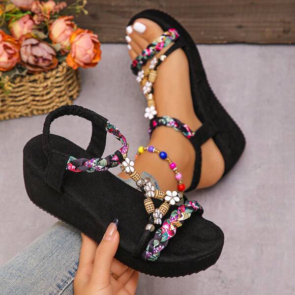 1 Paar elegante, vielseitige Boho Perlen Wedge Sandalen für Damen mit dicker Sohle, geeignet für Festivals, Urlaub, Büro und Outdoor-Aktivitäten, Frühling/Sommer
