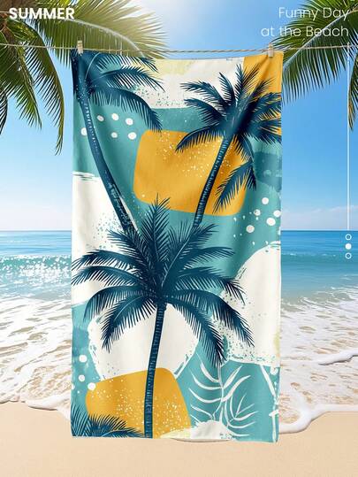 1 pieza Toalla de playa estampada, toalla de baño con estampado de árbol de coco, toalla de estilo de moda para la playa, toalla de baño súper absorbente de microfibra suave y cómoda, liviana y portátil, protección contra el viento y el sol, a prueba de  para viajes de verano, vacaciones, decoración de baño. Se recomiendan tamaños regulares y talla grande grandes (35 * 75 cm toalla de tamaño pequeño, se recomiendan 150 cm o talla grande)