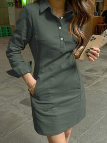 Spring And Autumn New Style Fashion Casual Lapel Button Decoration Long Sleeve Women's Short Dress