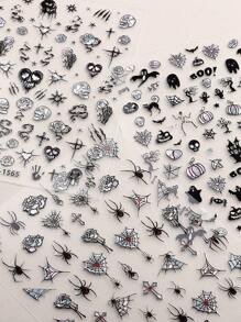 3 Stücke 3D Schädel Nail Art Aufkleber für Halloween, Laser Spinnennetz auflösende Love Skull selbstklebende Nail Decals, Nail Art Zubehör für Frauen DIY Nail Art Aufkleber