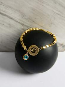 Golden Chain With Coin Decoration & Blue Crystal Charm Beaded Wristband Bracelet Unisex