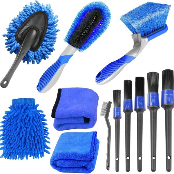 12Pcs Car Wash Cleaning Kit With Wash Mitt Sponge Towels, Tire Brush Tool Set, Interior Exterior Car Care Detailing Set For Car Motorcycle Bike Cleaning Wheels, Engine, Emblems, Air Vents