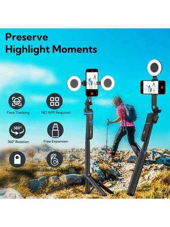 USKEYVISION 3-In-1 Foldable Phone Tripod With Dual 360° Rotation Modes AI Face Tracking & Gesture Control - Multi-Scene Portable Tripod For Live Streaming/Selfie/Video Recording With 3-Color Fill Light And Adjustable Height Up To 70 Inches Compatible With Iphone Android Phone For Summer Vacation, Travel Vlog, Outdoor Activities, Live Streaming, Stabilized Vlogging Vacation Travlel Studio Outdoor Live Streaming Travel Vlog Video Recording Influencer Content Gimbal Stabilizer Phone Stabilizer ActiveTrack